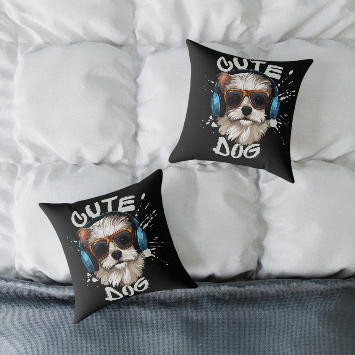 Cute Dog Headphones Square Pillow — Cool Sunglasses Pet Decor