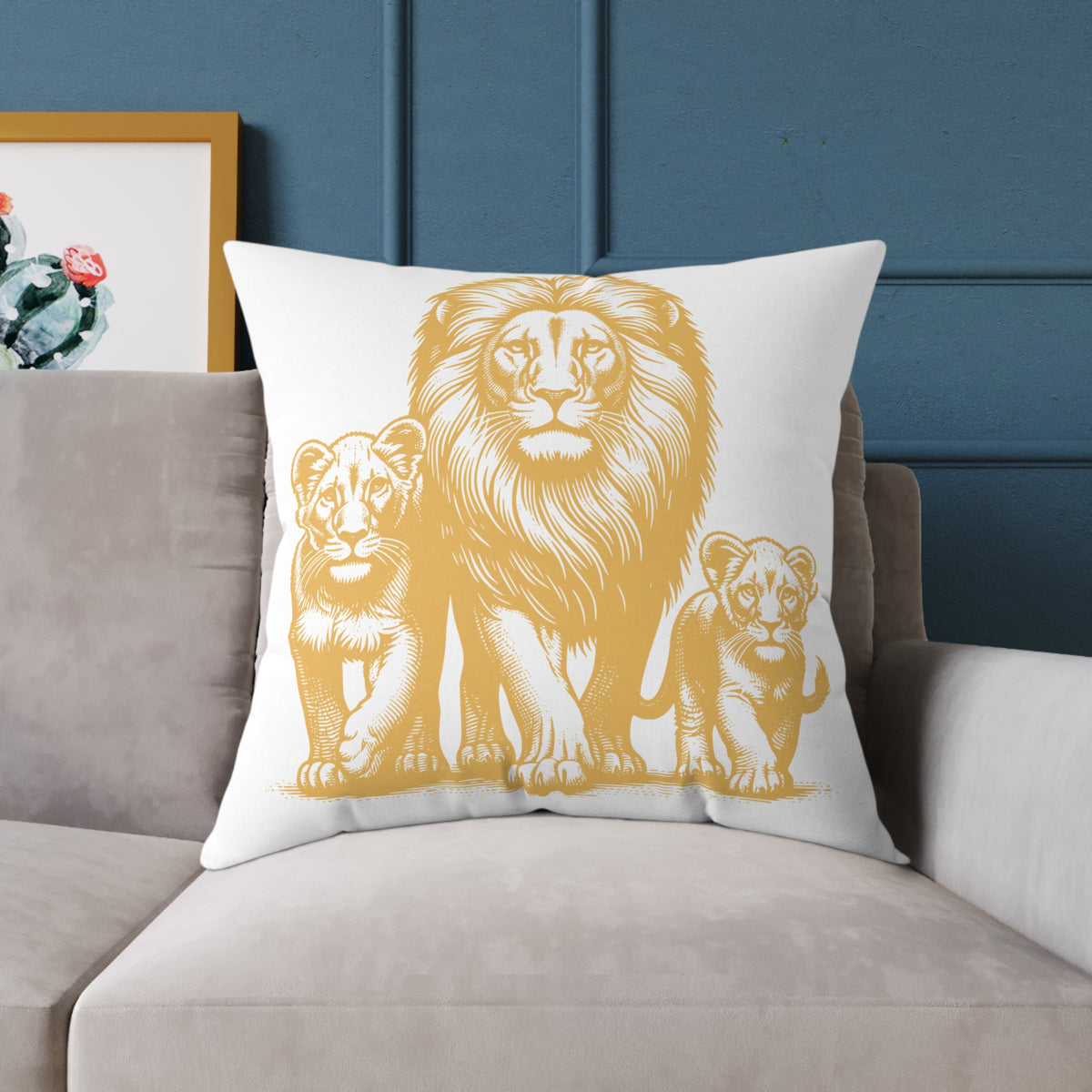 Lion Family Decorative Pillow – Golden Lion & Cubs Square Throw Pillow