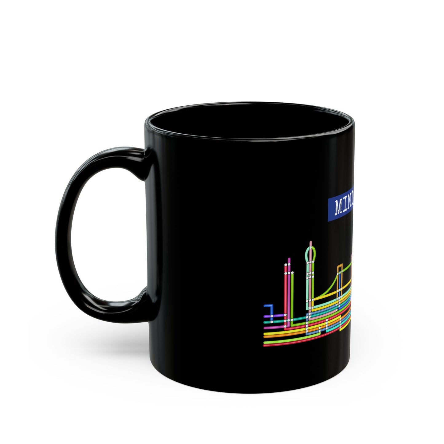Mind The Gap Black Mug — Neon London Skyline 11oz/15oz