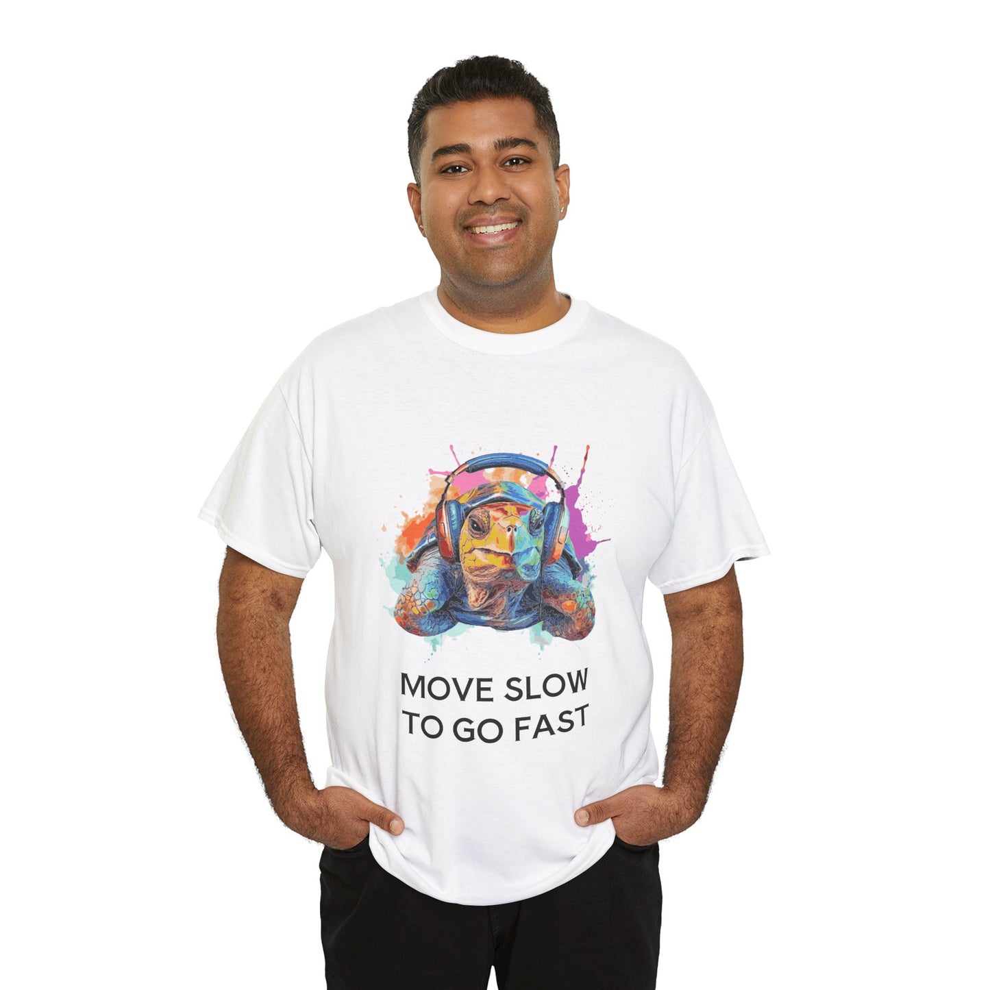 T-Shirt Colorful Turtle with Headphones | 'Sometimes it's best to go Slow to go Fast' - Conscience Garment