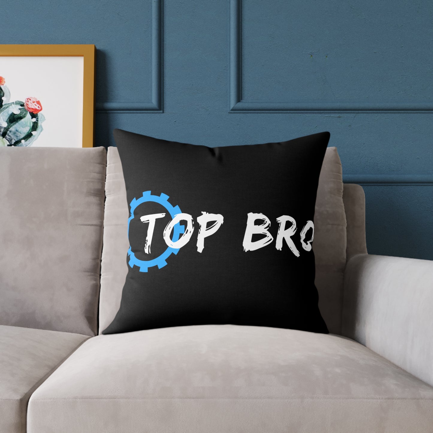 Top Bro Square Throw Pillow - Black Canvas Accent Cushion with Gear Logo