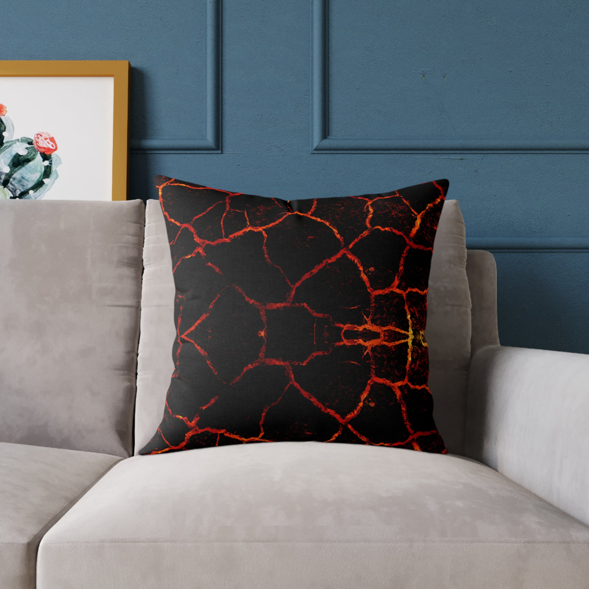 Lava Crackle Square Pillow — Fiery Red Black Decorative Throw Pillow