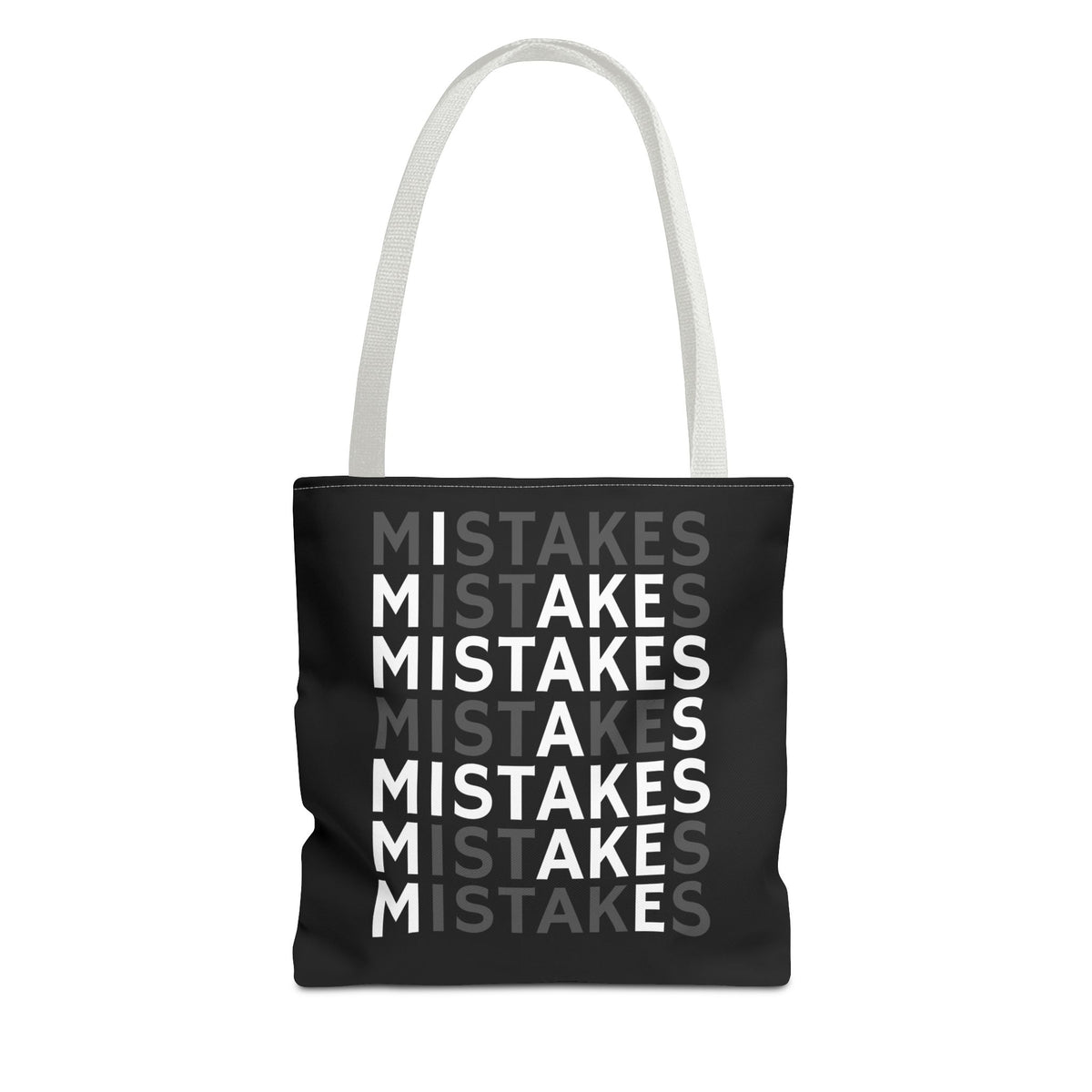 Mistakes Repeat Pattern Tote Bag — Black Typography Shopper