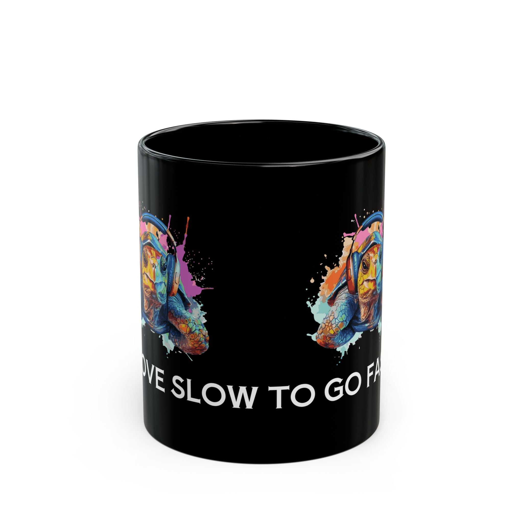 Turtle Mug — Colorful Turtle with Headphones "We Slow to Go Fast" Black Coffee Mug (11oz/15oz)