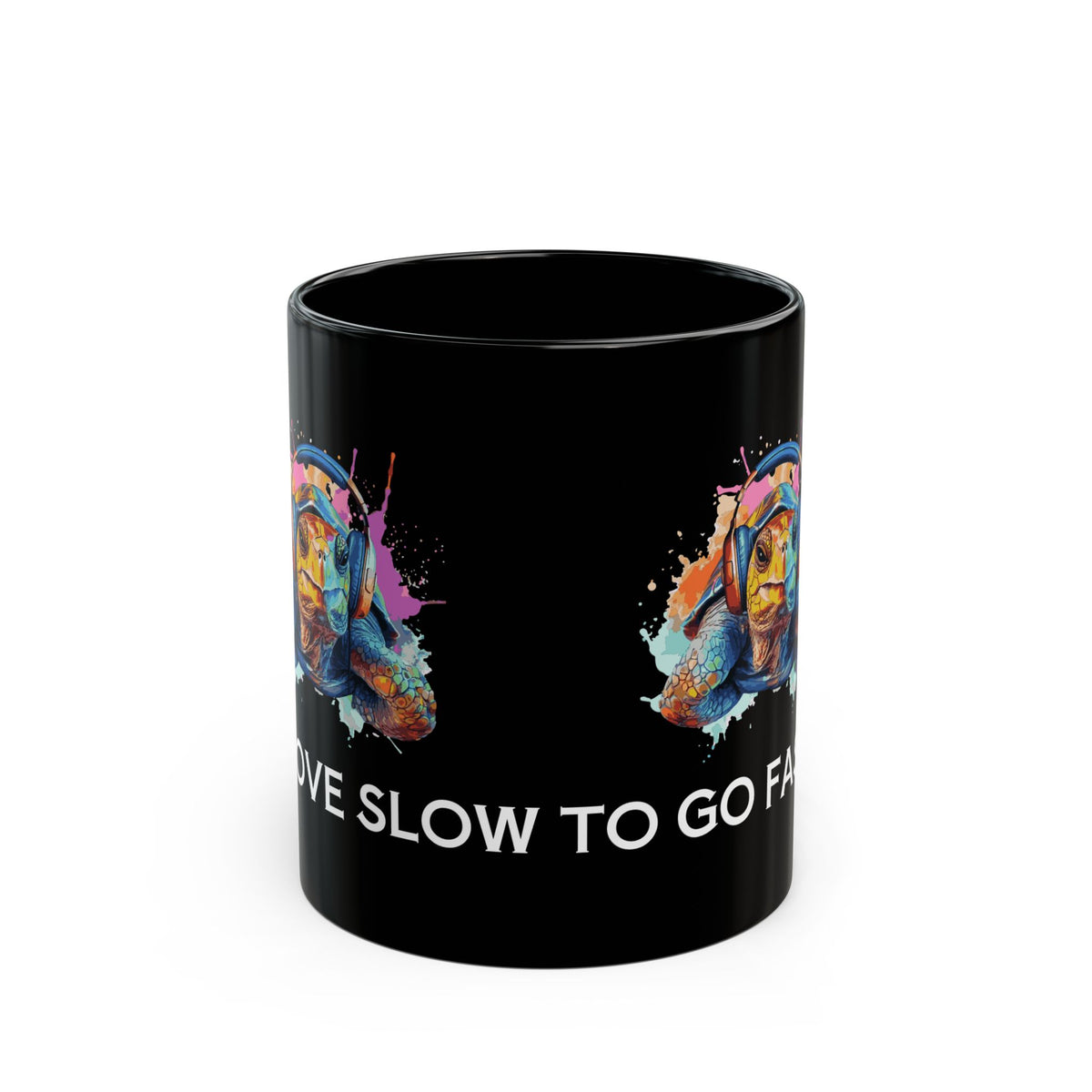 Turtle Mug — Colorful Turtle with Headphones "We Slow to Go Fast" Black Coffee Mug (11oz/15oz) - Conscience Garment