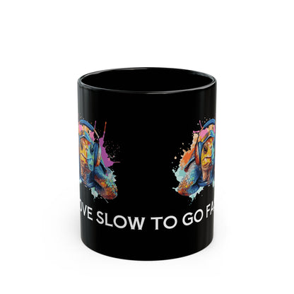 Turtle Mug — Colorful Turtle with Headphones "We Slow to Go Fast" Black Coffee Mug (11oz/15oz) - Conscience Garment