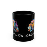 Turtle Mug — Colorful Turtle with Headphones "We Slow to Go Fast" Black Coffee Mug (11oz/15oz) - Conscience Garment