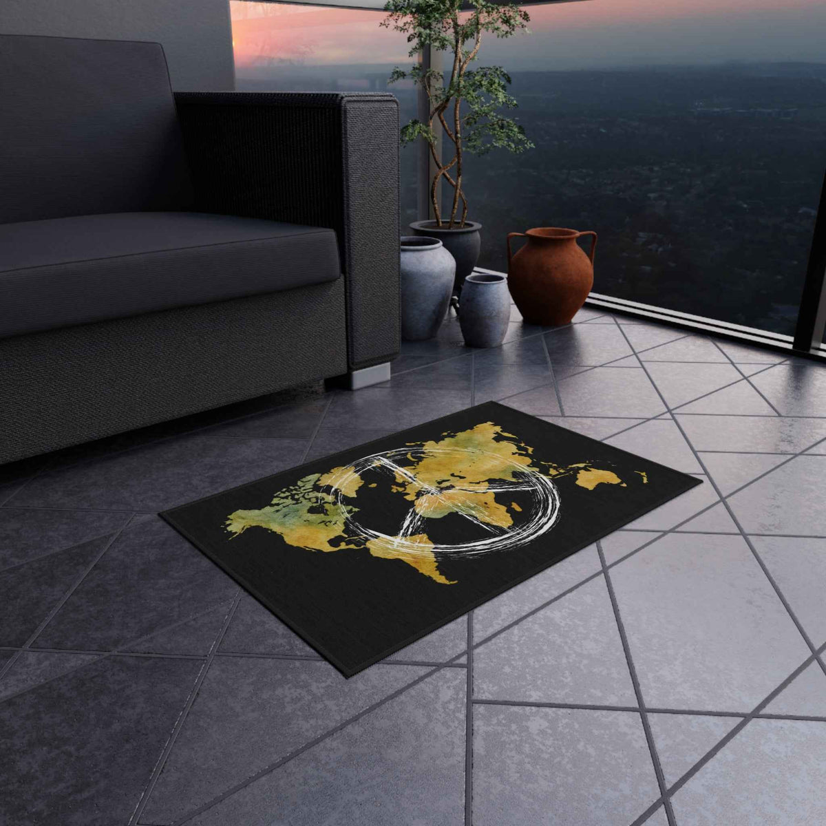 Peace World Map Outdoor Rug — Watercolor Earth & Peace Symbol Doormat