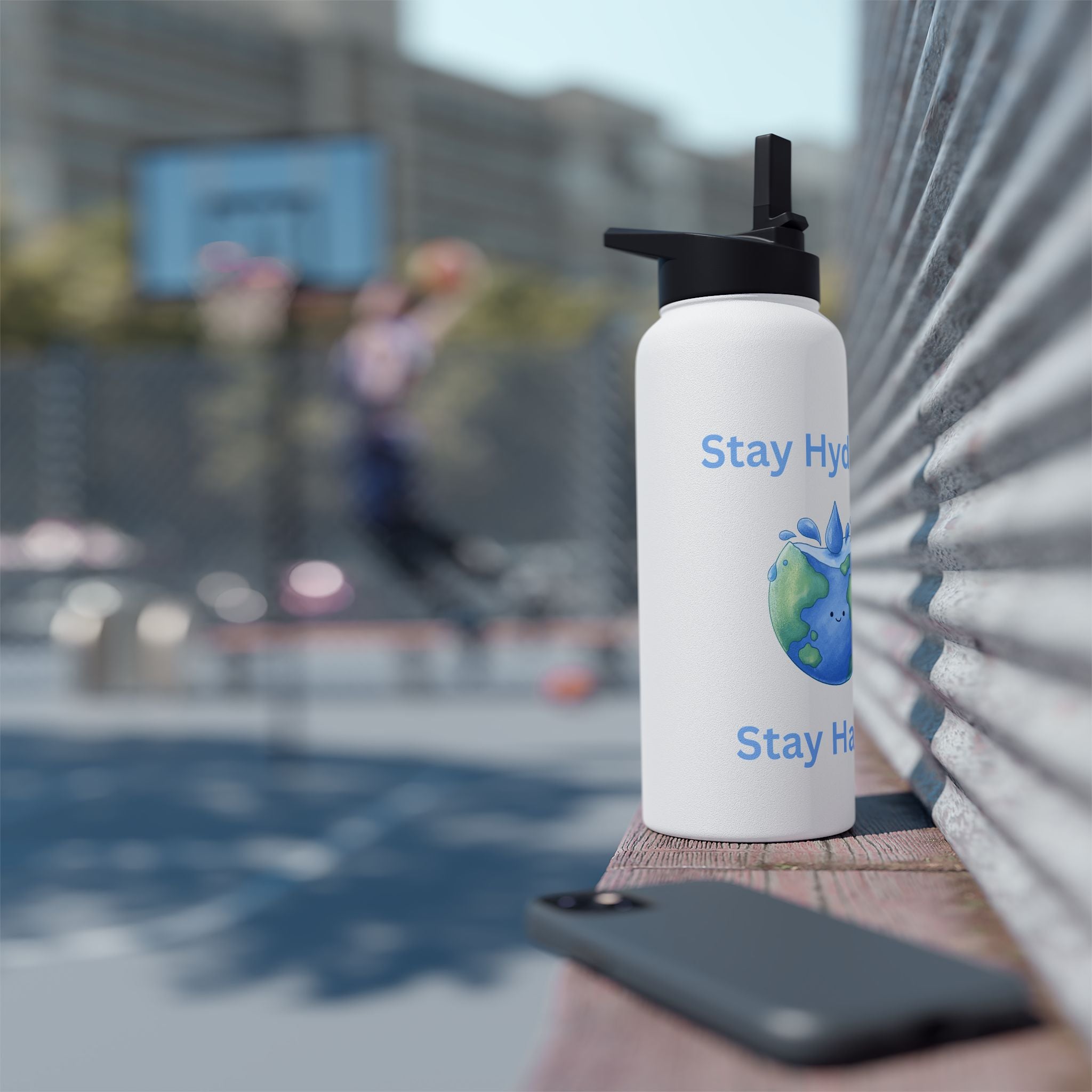 Stay Hydrated Stay Happy Stainless Steel Water Bottle — Cute Earth & Water Drop Design