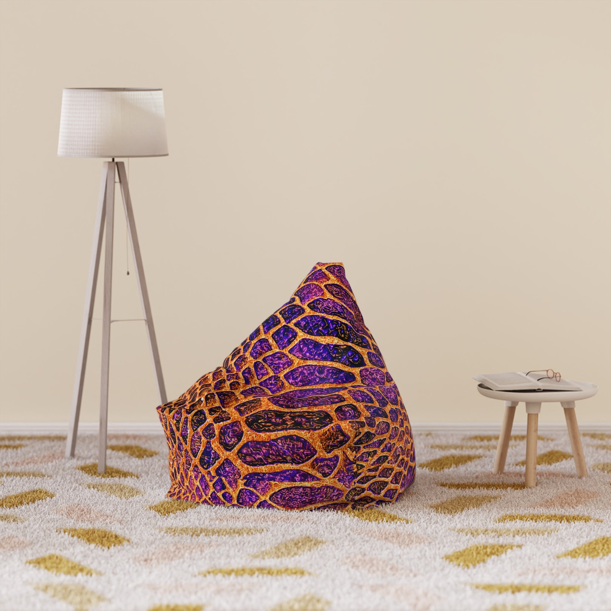 Snake Skin Print Bean Bag Cover — Vibrant Purple & Orange Accent Lounge