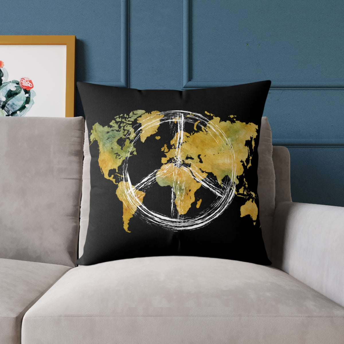 World Map Peace Sign Throw Pillow — Gold & Black Travel Decorative Pillow