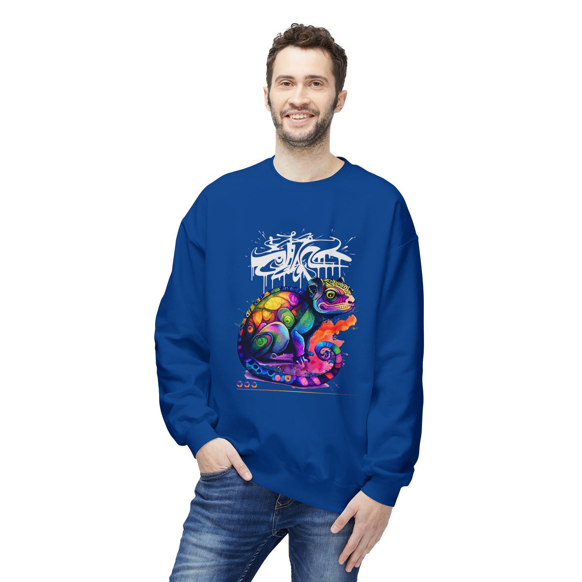 Colorful Chameleon Crewneck Sweatshirt — Vibrant Graffiti Lizard Graphic