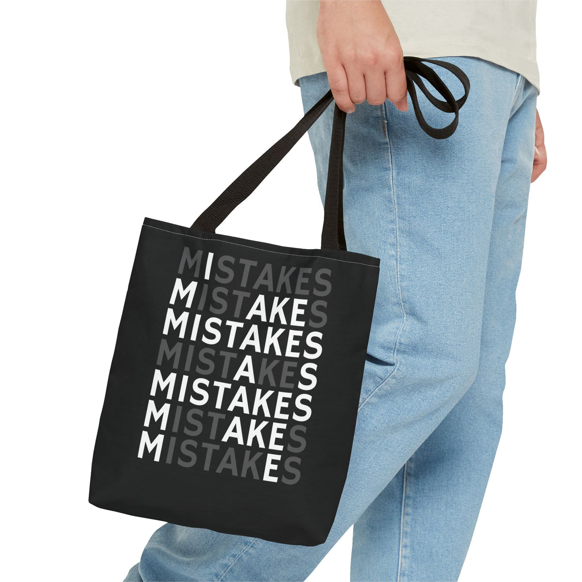 Mistakes Repeat Pattern Tote Bag — Black Typography Shopper