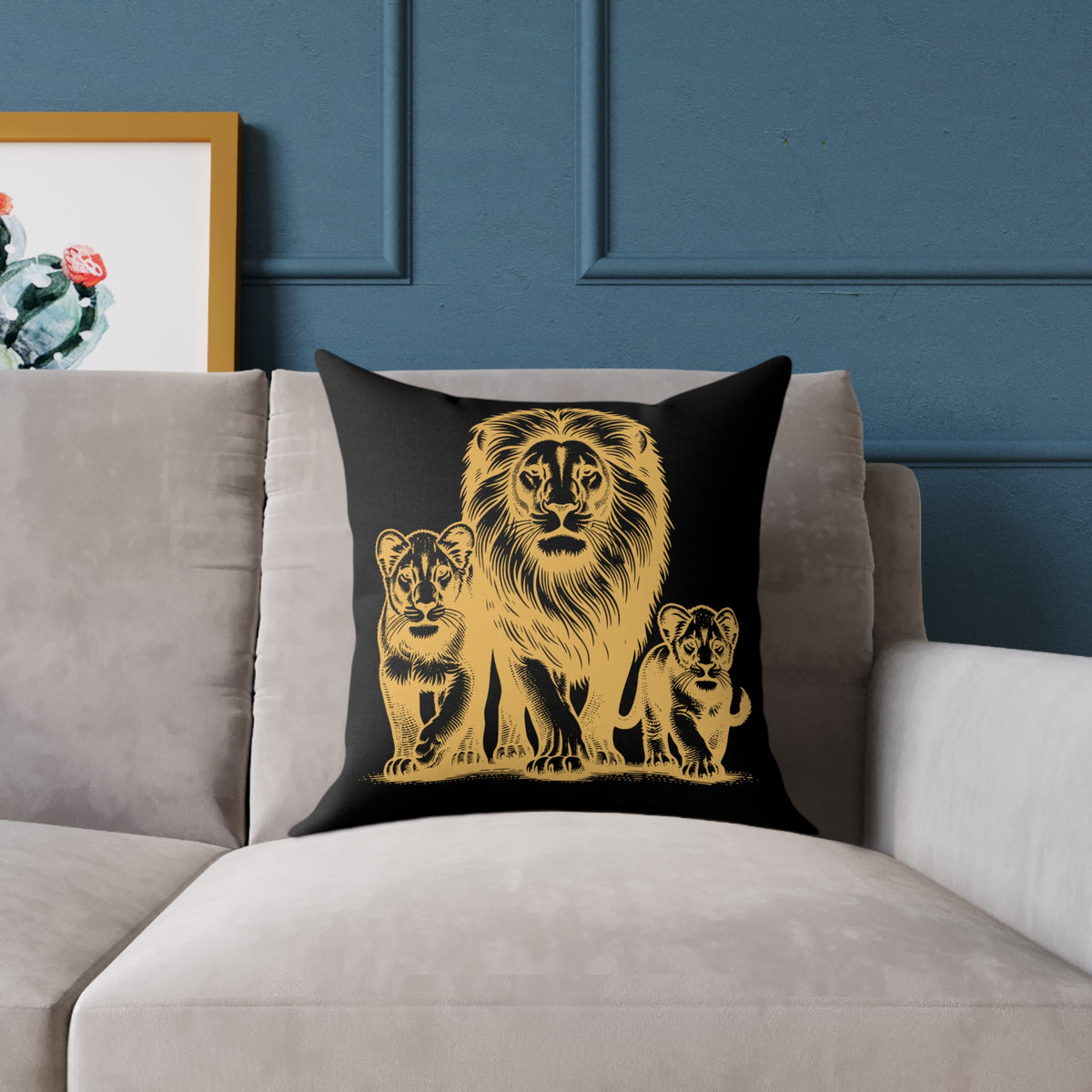 Lion Family Throw Pillow — Gold Safari Lion Cub Decorative Cushion