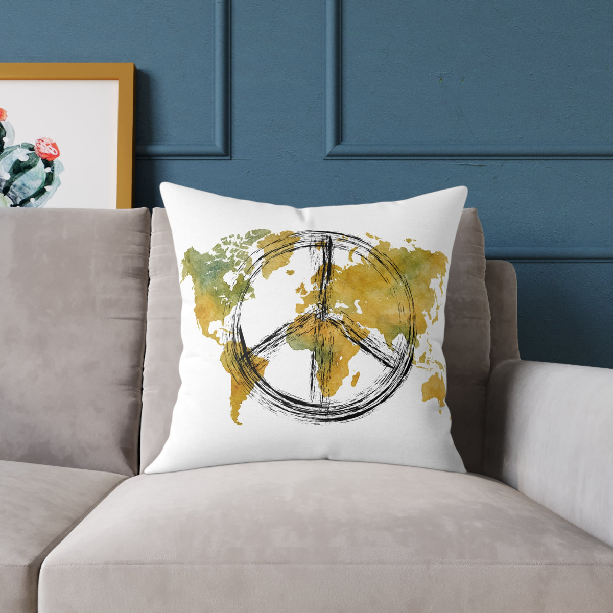 Peace Sign World Map Throw Pillow — Boho Travel Decorative Accent