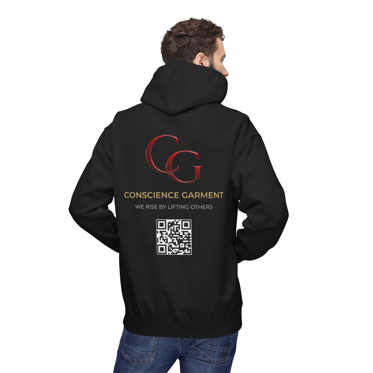 Conscience Garment Hoodie — "We Rise By Lifting Others" Logo Pullover with QR Code