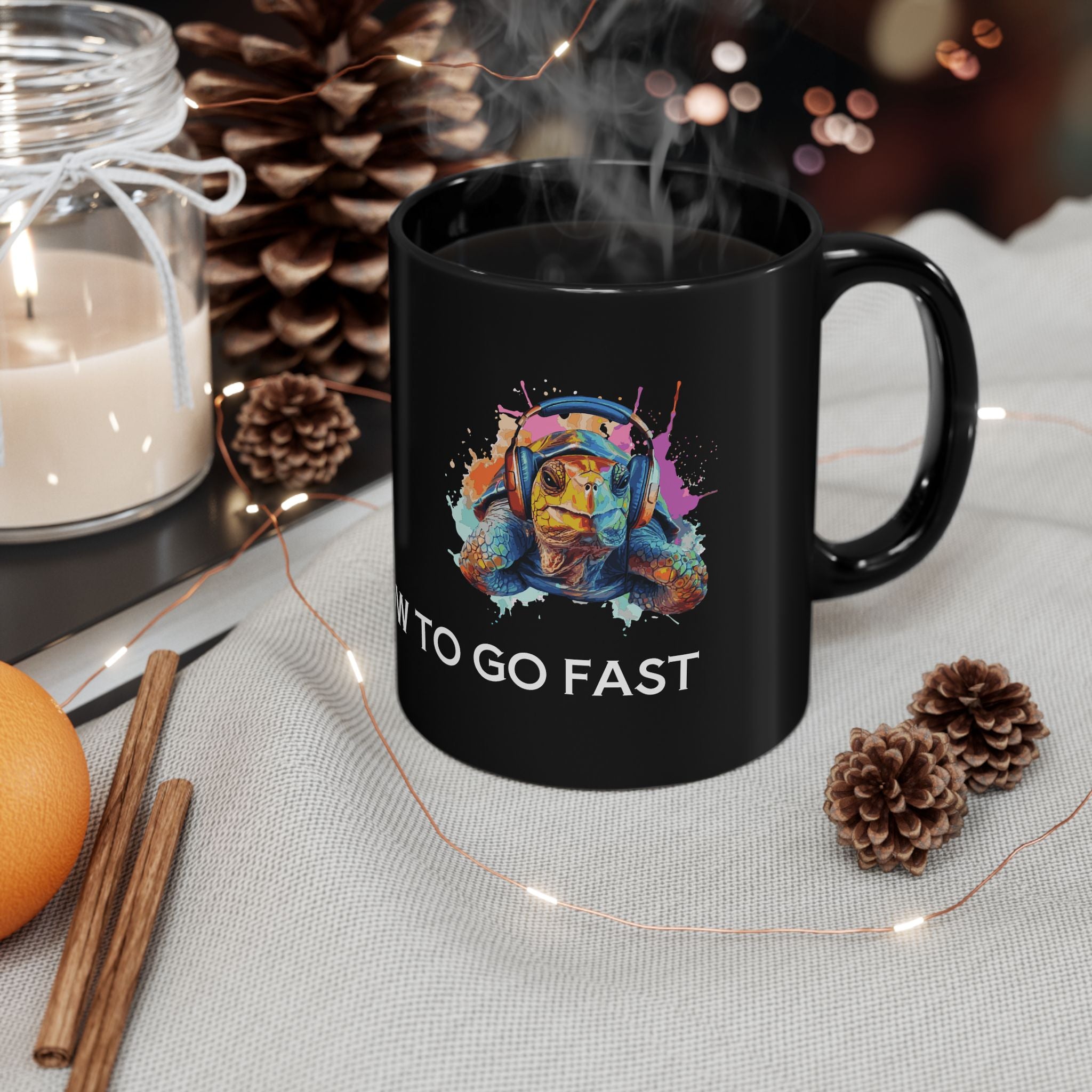 Turtle Mug — Colorful Turtle with Headphones "We Slow to Go Fast" Black Coffee Mug (11oz/15oz)