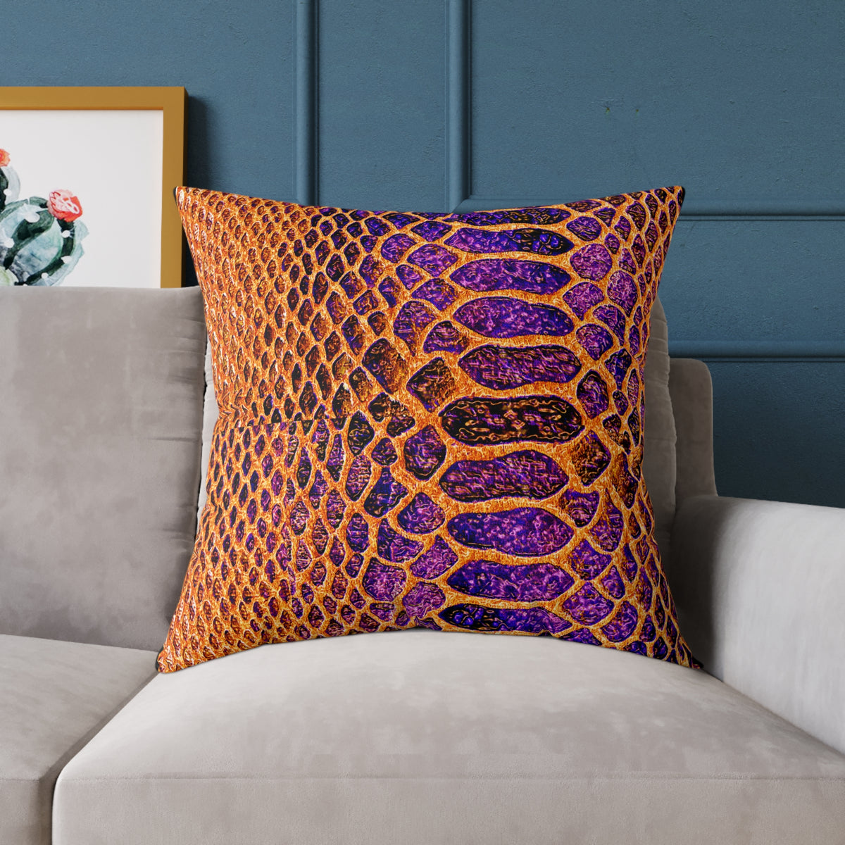 Snake Skin Pattern Square Pillow — Orange & Purple Decorative Throw Cushion