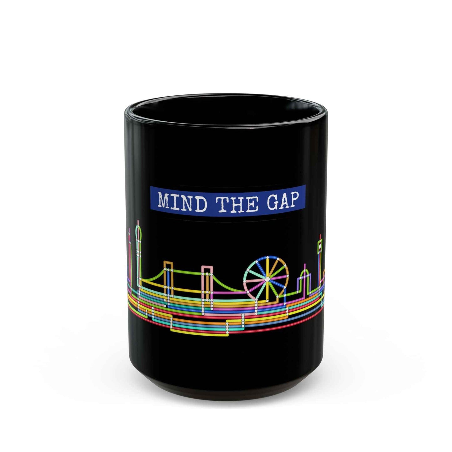 Mind The Gap Black Mug Neon City Skyline Coffee Cup (11oz & 15oz)