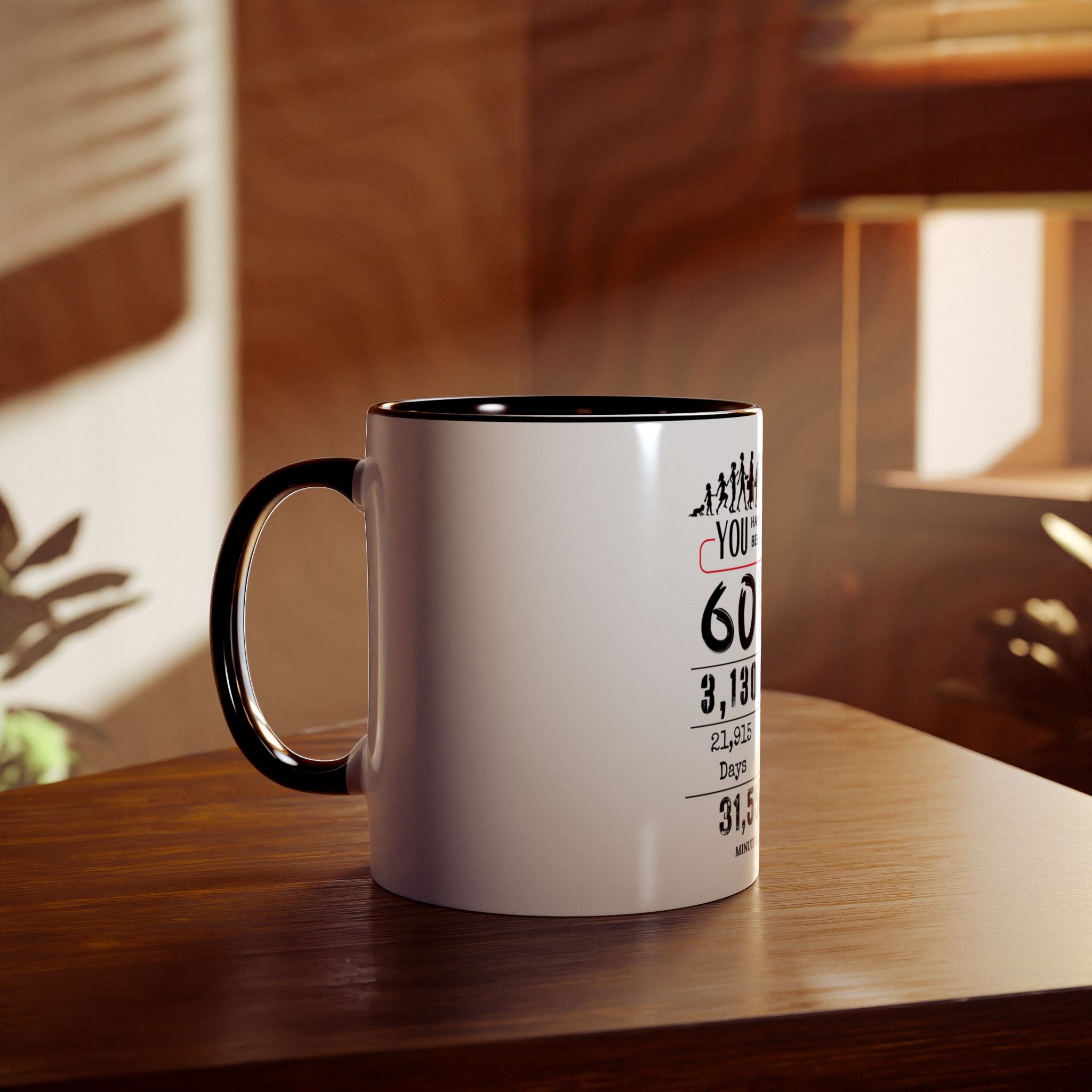 Happy 60th Birthday Gift, Mugs, 2 tone, Boys, Girls, Men, Women, Funny, Age, Facts, Years, Months, Weeks, Days, Hours, Minutes