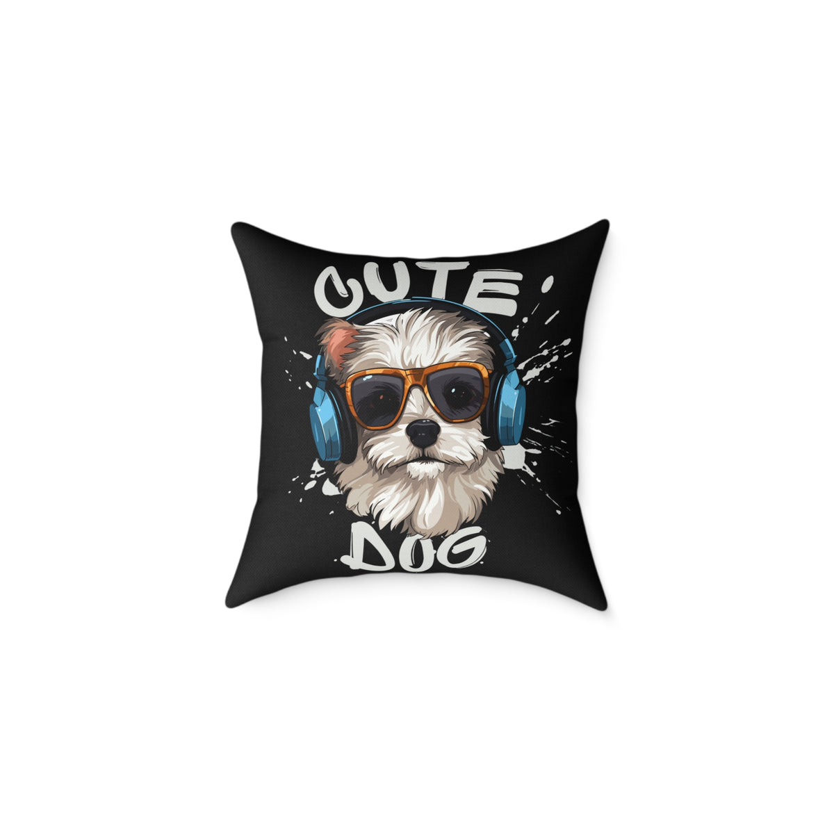 Cute Dog Headphones Square Pillow — Cool Sunglasses Pet Decor