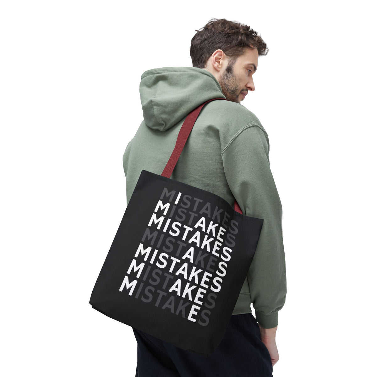 Mistakes Repeat Pattern Tote Bag — Black Typography Shopper