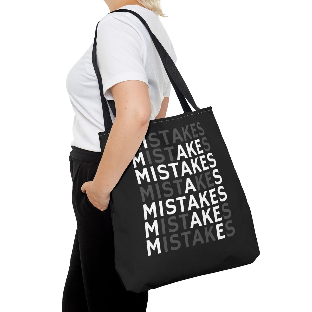 Mistakes Repeat Pattern Tote Bag — Black Typography Shopper