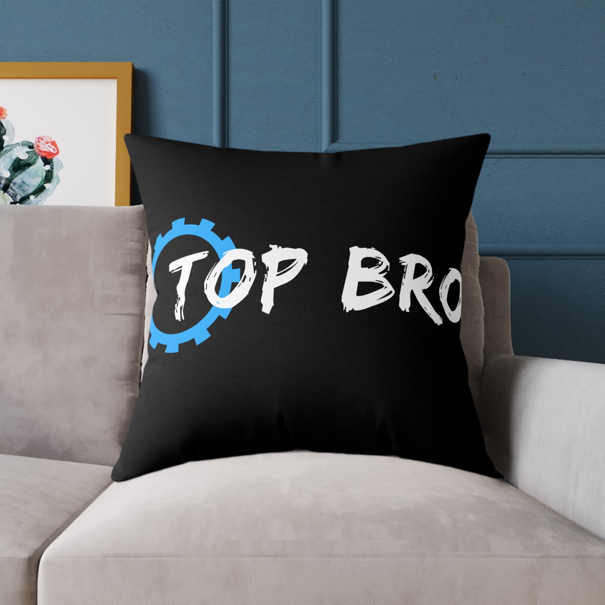 Top Bro Square Throw Pillow - Black Canvas Accent Cushion with Gear Logo