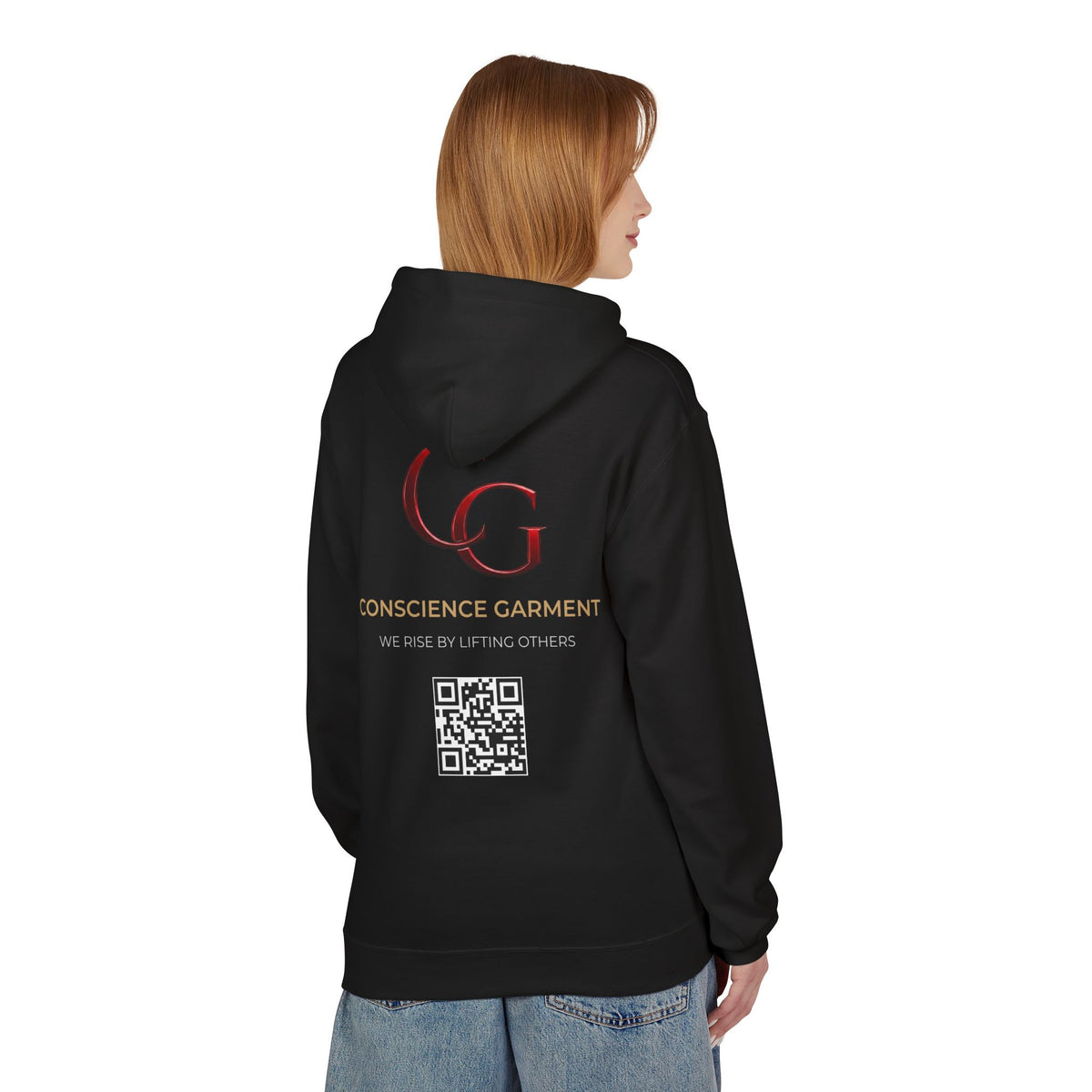 Conscience Garment Hoodie — "We Rise By Lifting Others" Logo Pullover with QR Code