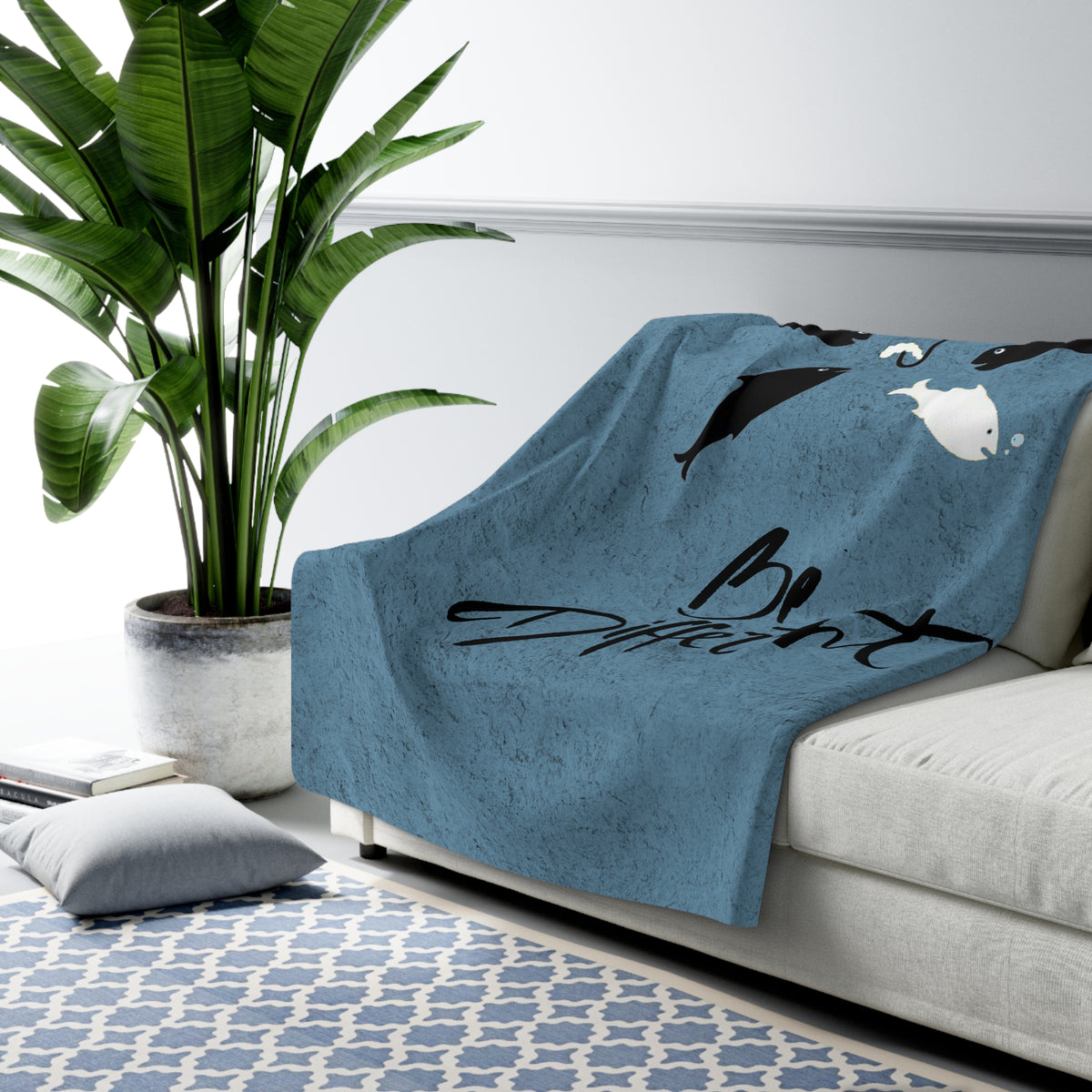 Be Different Sherpa Fleece Blanket — Inspirational Fish Design, Cozy Throw for Gifts & Home