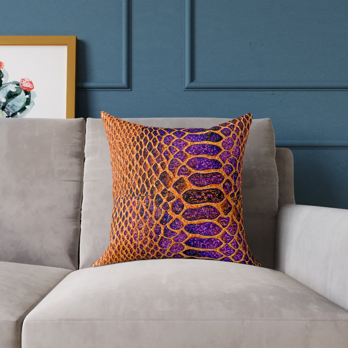 Snake Skin Pattern Square Pillow — Orange & Purple Decorative Throw Cushion