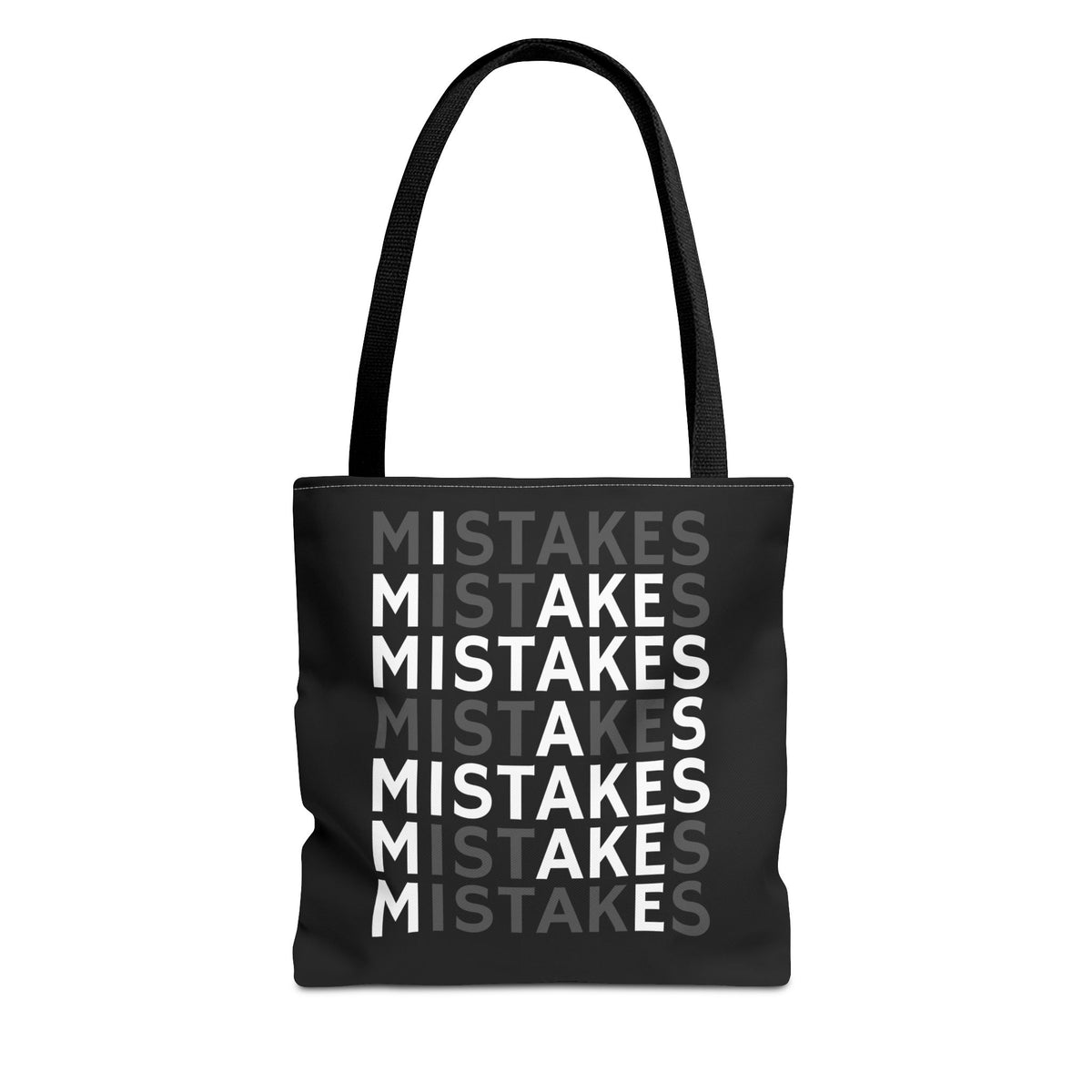 Mistakes Repeat Pattern Tote Bag — Black Typography Shopper