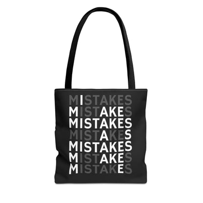 Mistakes Repeat Pattern Tote Bag — Black Typography Shopper