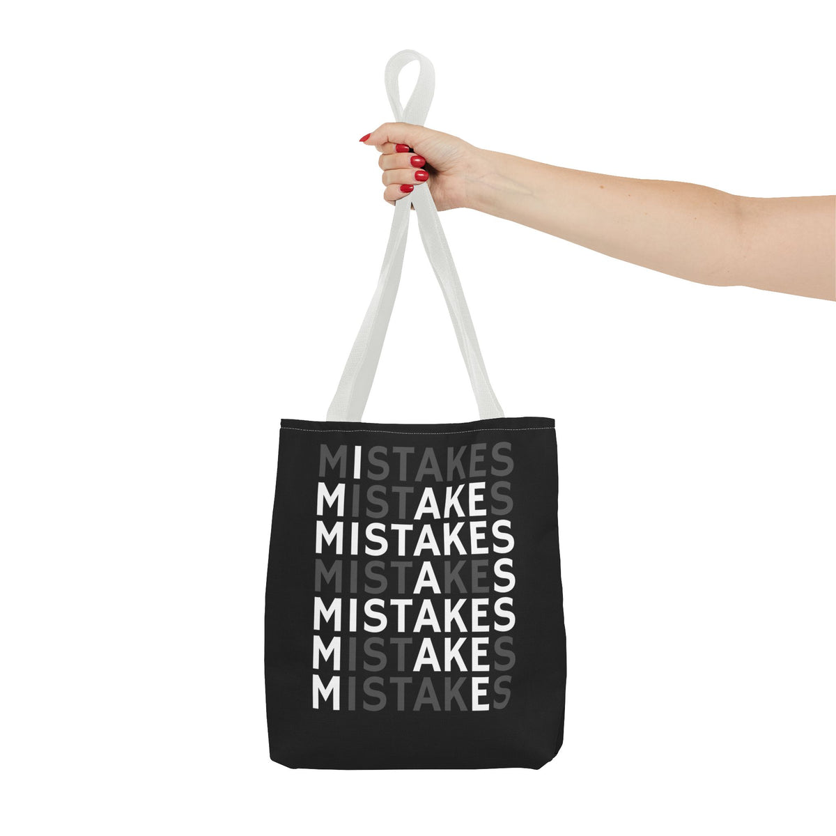 Mistakes Repeat Pattern Tote Bag — Black Typography Shopper