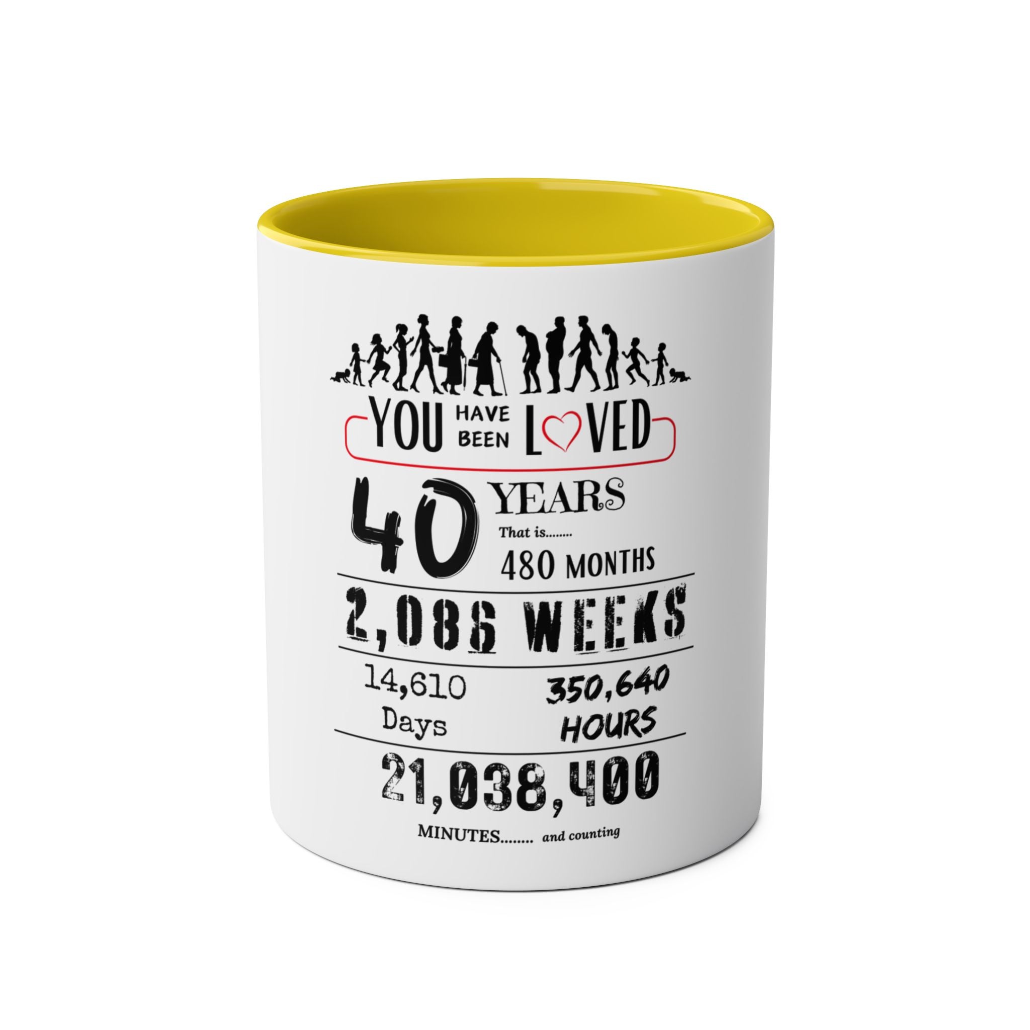 Happy 40th Birthday Gift, Mugs, 2 tone, Boys, Girls, Men, Women, Funny, Age, Facts, Years, Months, Weeks, Days, Hours, Minutes