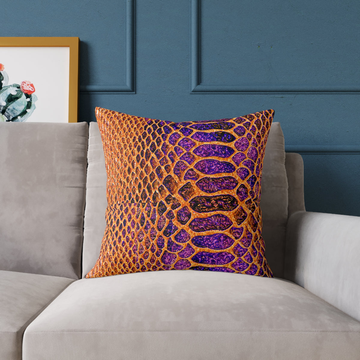 Snake Skin Pattern Square Pillow — Orange & Purple Decorative Throw Cushion
