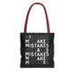 Mistakes Repeat Pattern Tote Bag — Black Typography Shopper