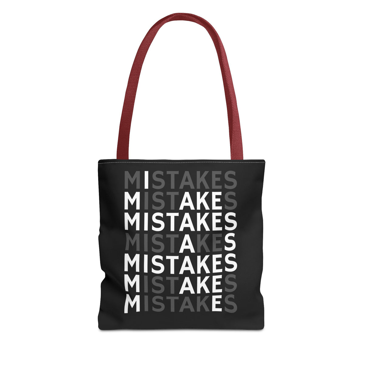 Mistakes Repeat Pattern Tote Bag — Black Typography Shopper