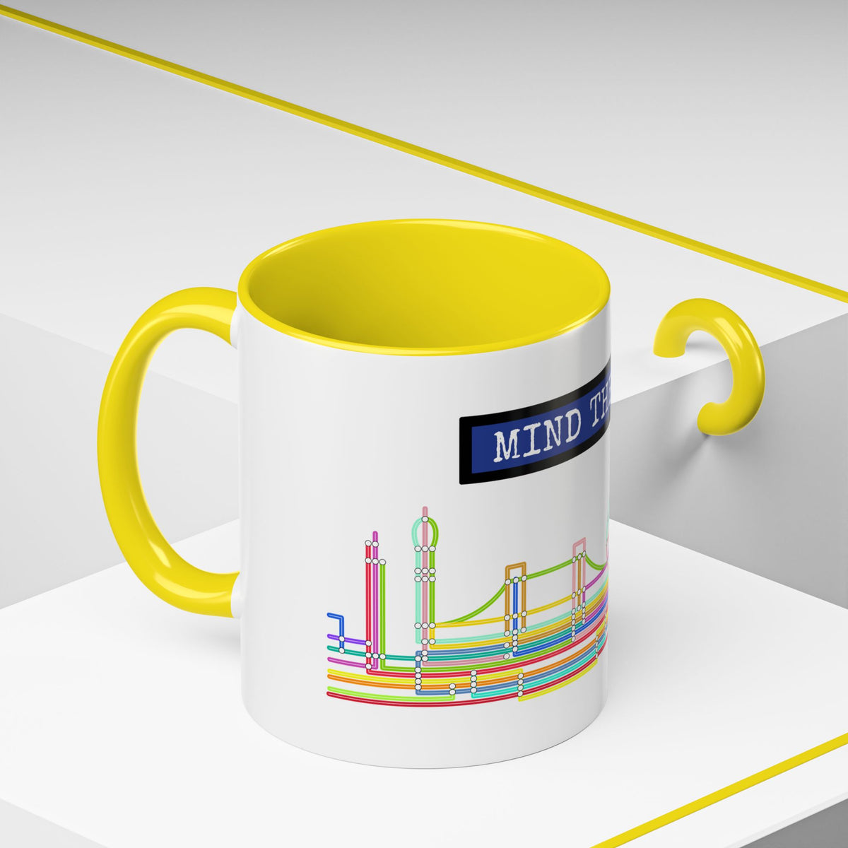 Mind the Gap Coffee Mug — Colorful City Skyline Accent Mug (11/15oz)