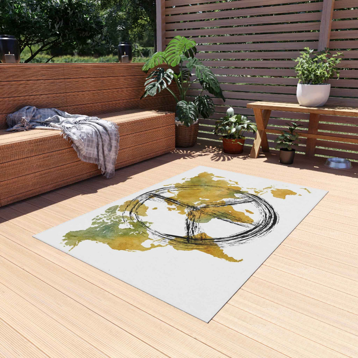 Peace World Map Outdoor Rug — Watercolor Earth & Peace Symbol Doormat