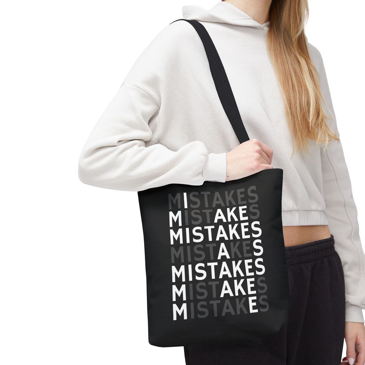 Mistakes Repeat Pattern Tote Bag — Black Typography Shopper