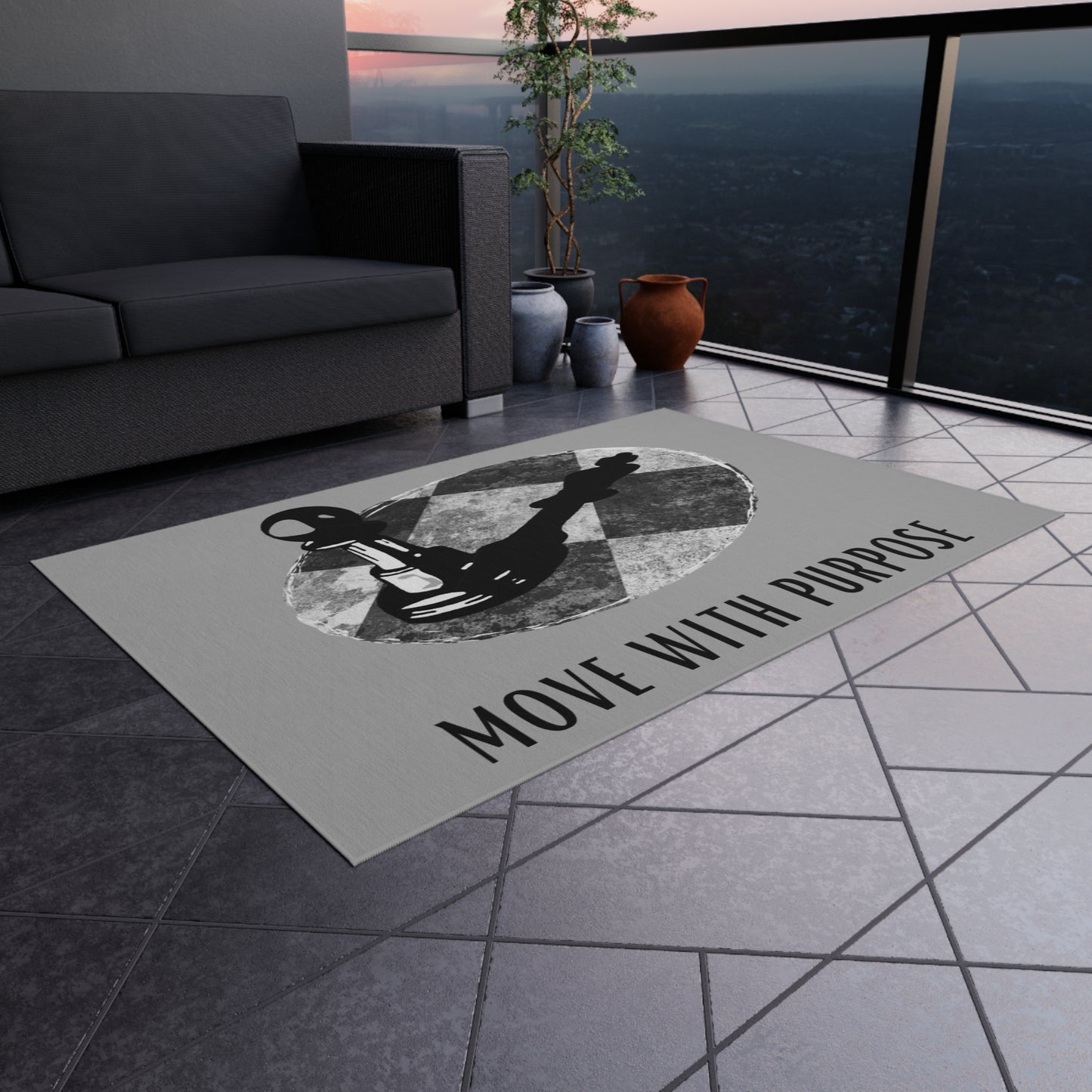 Outdoor Rug — "Move With Purpose" Chess Pawn Motivational Doormat