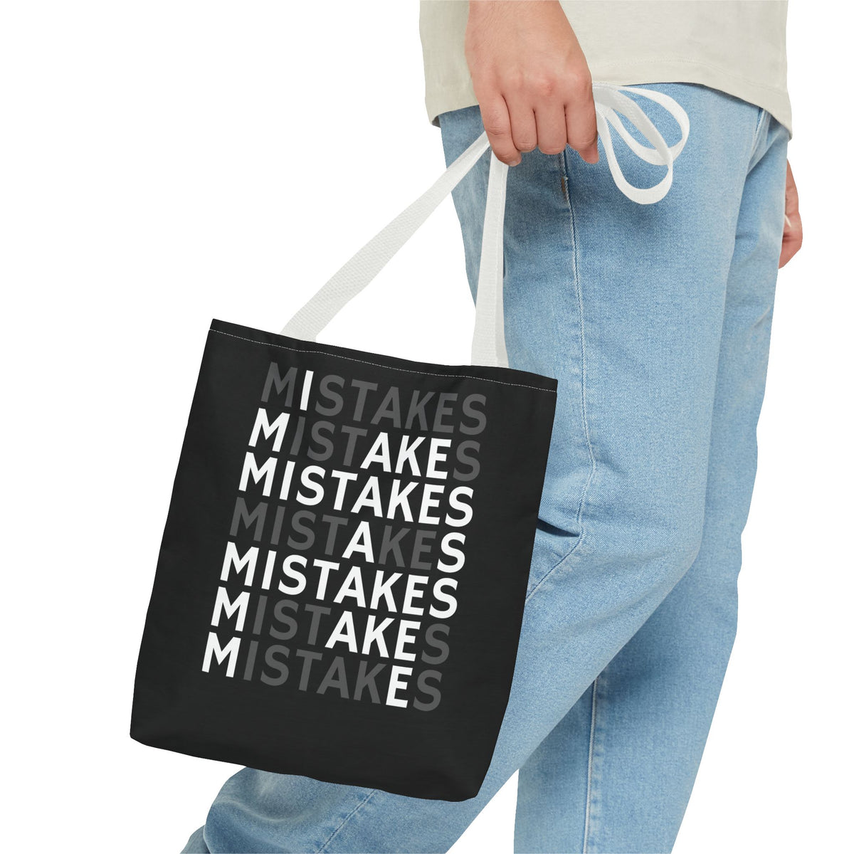 Mistakes Repeat Pattern Tote Bag — Black Typography Shopper