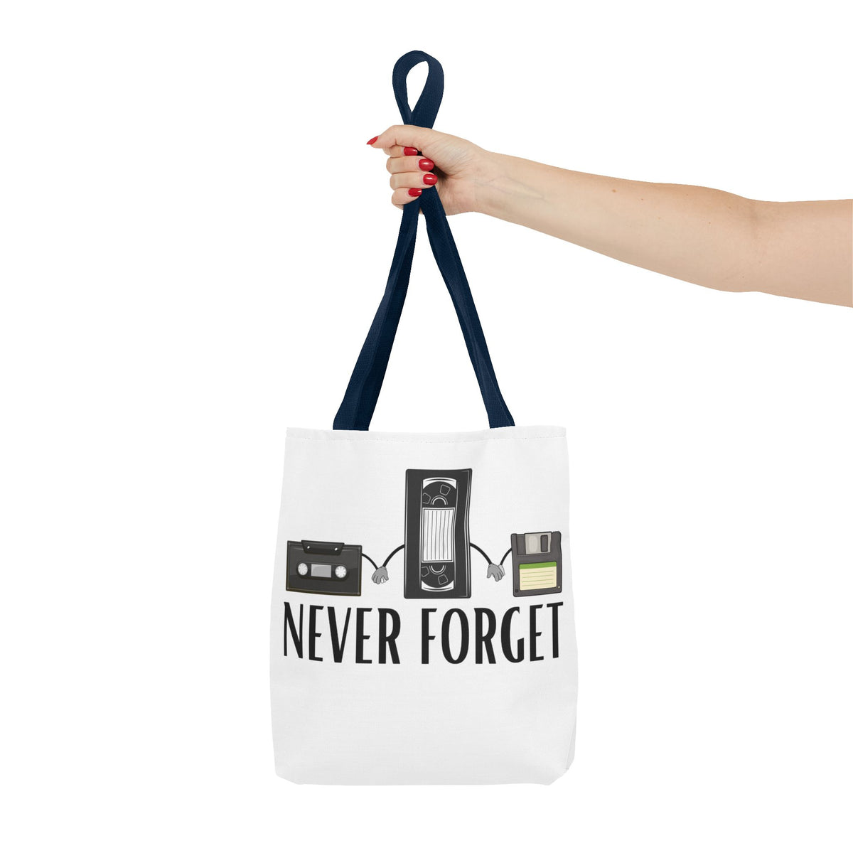 Retro Media 'Never Forget' Tote Bag — Vintage Cassette, VHS & Floppy Design