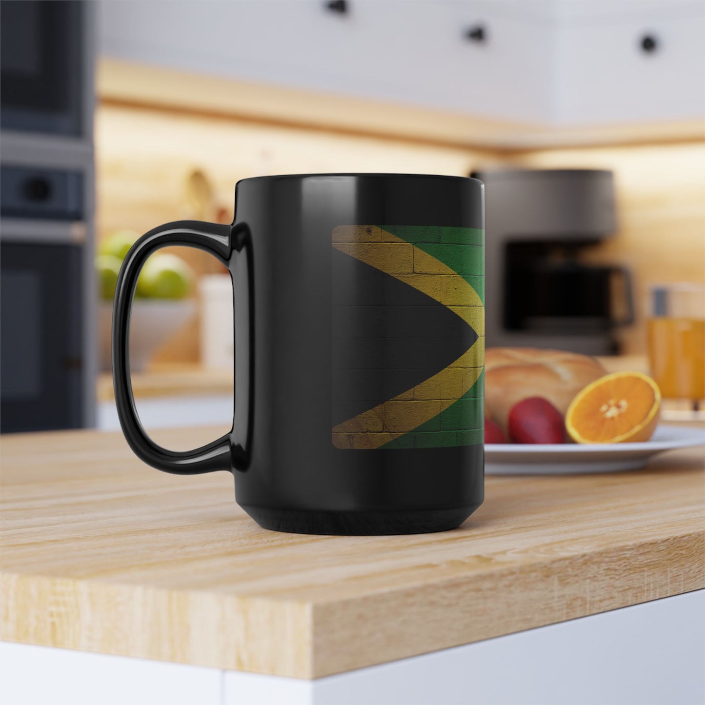 Jamaica Flag Black 15oz Mug — Distressed Brick Print Coffee Cup