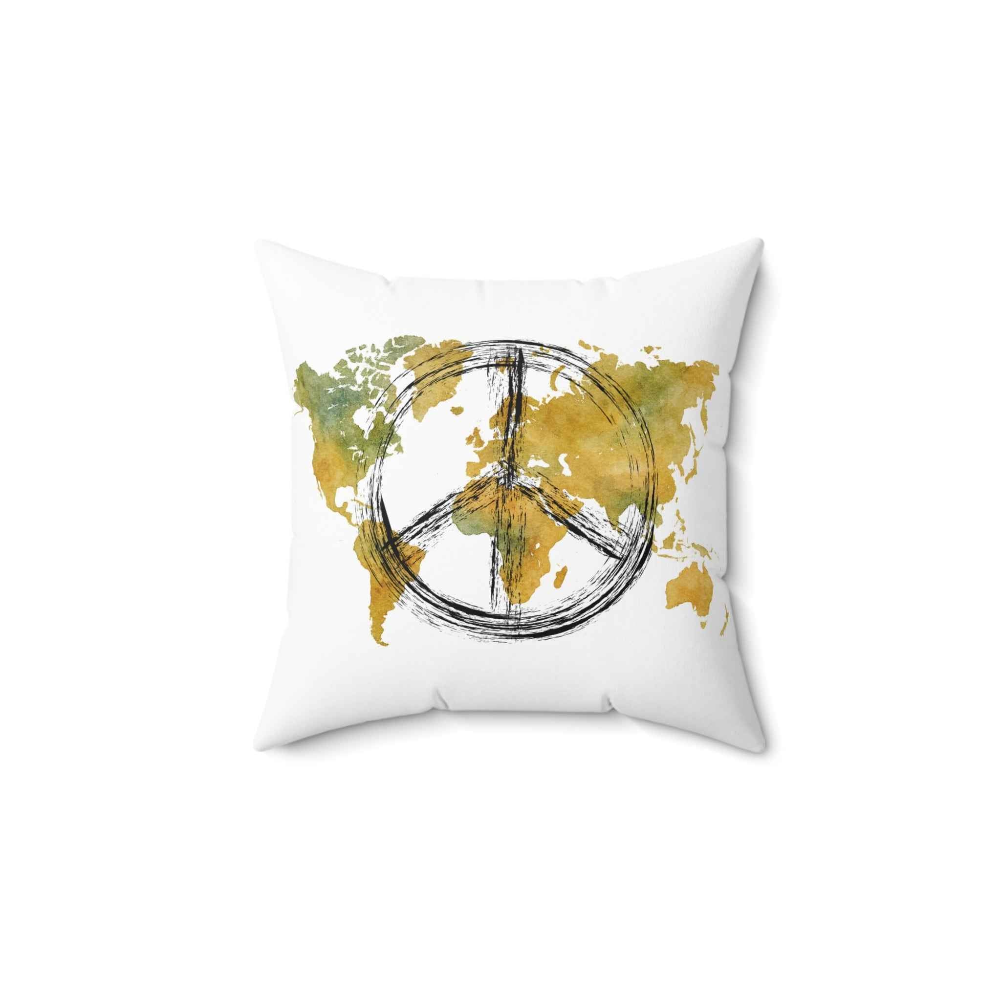 Peace Sign World Map Throw Pillow Earth Toned Decorative Cushion