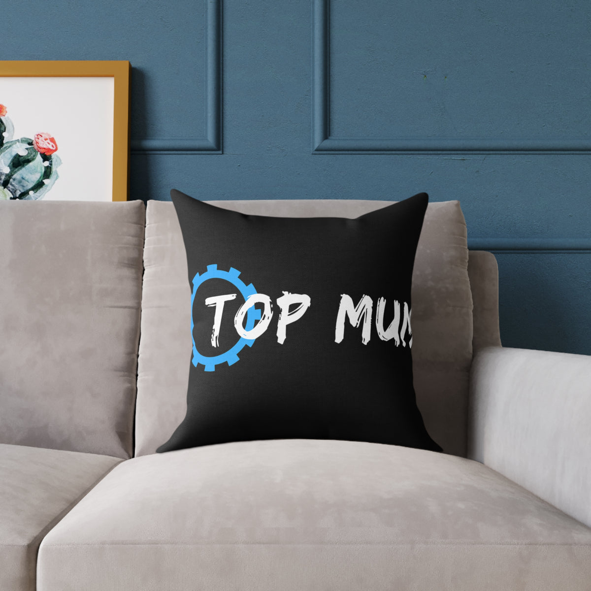Top Mum Decorative Pillow – Black Square Accent Pillow with Blue Gear Logo
