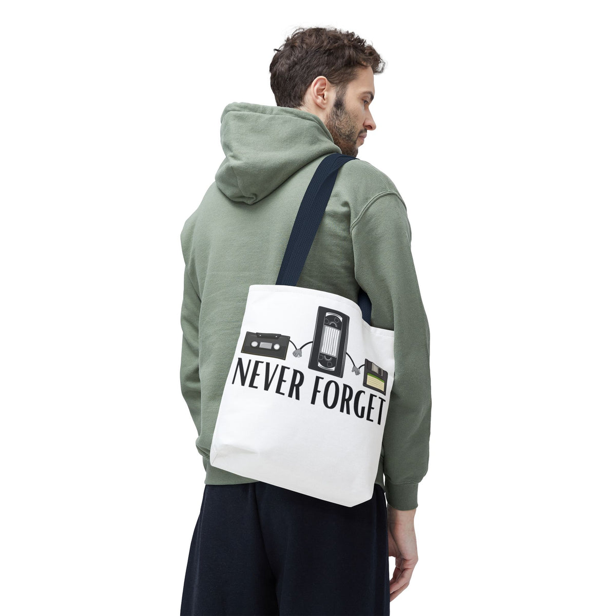 Retro Media 'Never Forget' Tote Bag — Vintage Cassette, VHS & Floppy Design