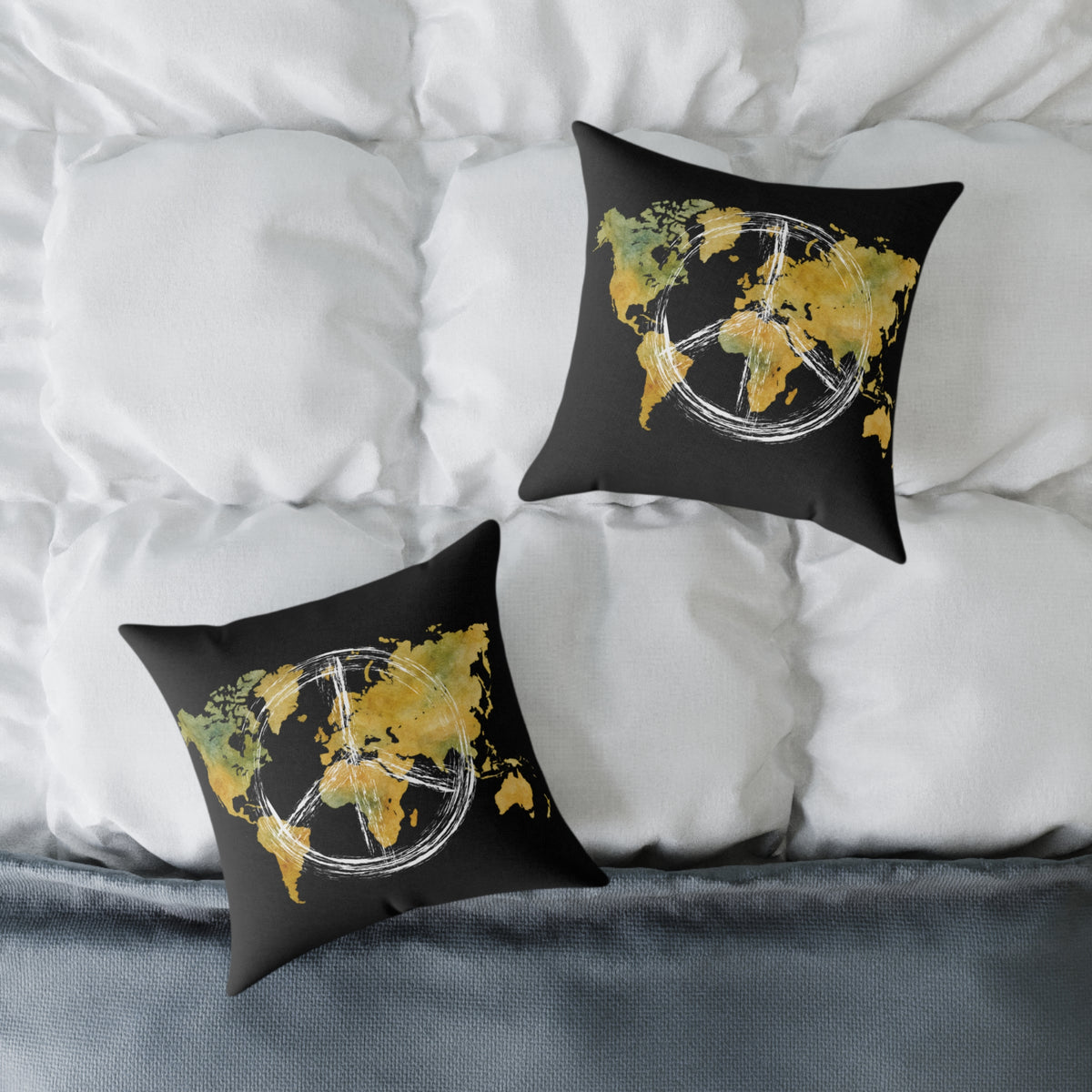World Map Peace Sign Throw Pillow — Gold & Black Travel Decorative Pillow