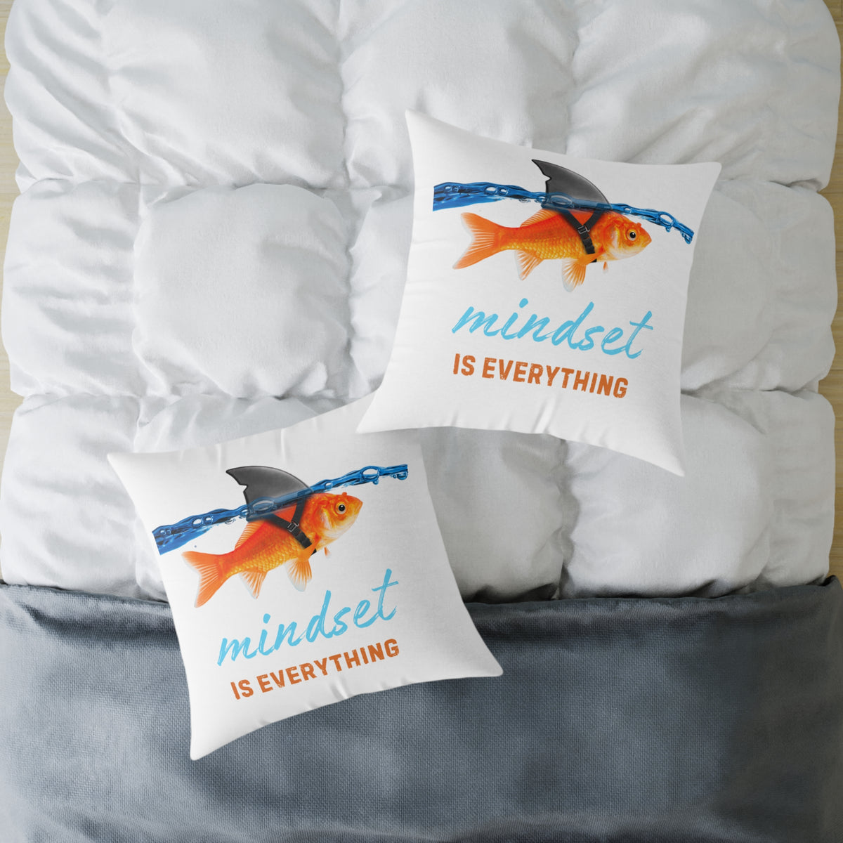 Mindset Is Everything Square Throw Pillow – Goldfish with Shark Fin Motivational Accent Pillow
